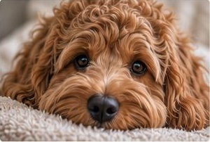 Bruine Mini Labradoodle op een zachte deken