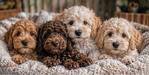 Vier Mini Labradoodle pups samen